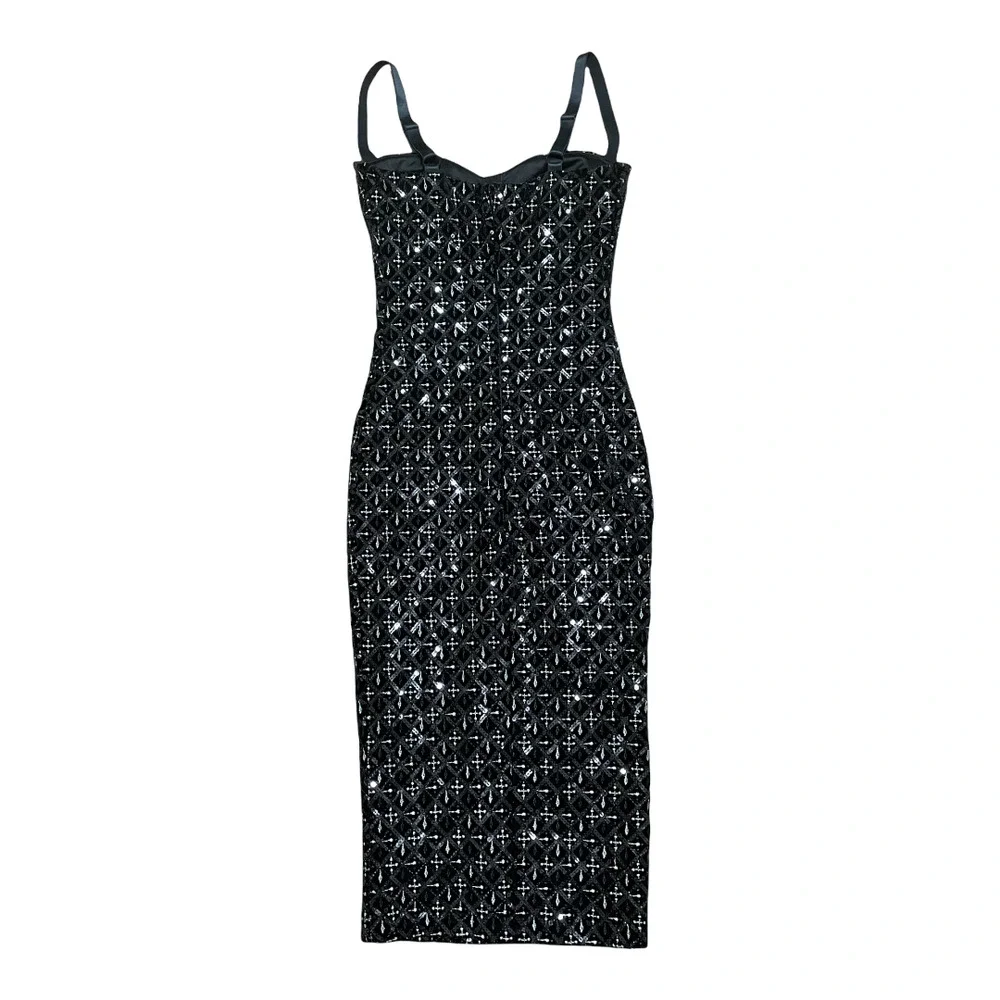 SOLD. Nadine Merabi NWT Black Velvet Sequin Embroidered Francesca Corset Midi XS - Picture 3 of 10